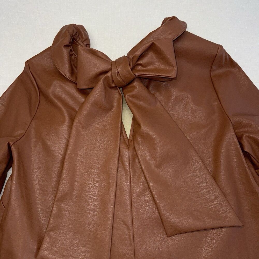 Tuckernuck Brown Coated Polyester Ruffle Neck Bow Back Blouse 3/4 Sleeve S - Picture 5 of 11